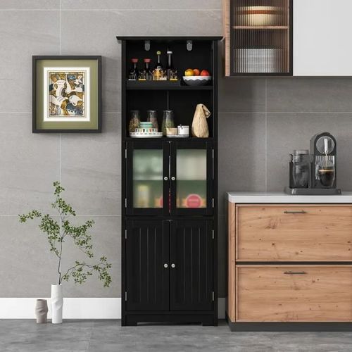 Costway Colonne Salle De Bain Avec 4 Portes 2 Compartiments Ouverts, Armoire Salle De Bain, Étagères Réglables, 60x30x163 Cm, Noir
