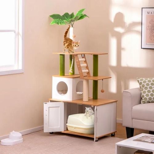 Costway Arbre À Chat Avec Compartiment Pour Bac À Litière, Meuble Tout-En-Un, Griffoirs, Echelle, Corde En Sisal, Boules Suspendues