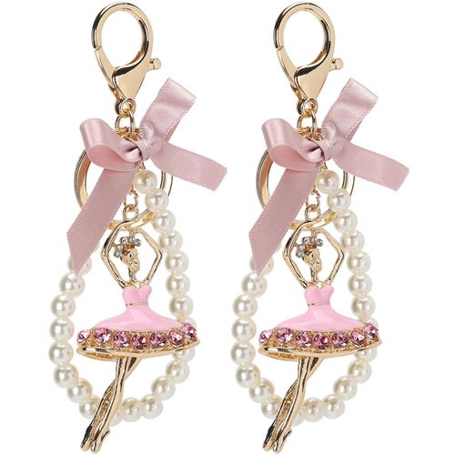 2pcs Porte-Clés Pendentif Ballet Fille Diamant Clouté Bowknot Perle Sac Métal Porte-Clés Décoration