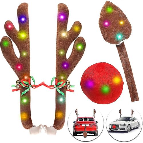 Bois de renne pour voitures, Kit de voiture de bois de Noël de renne avec lumières LED, Kit de voiture de renne