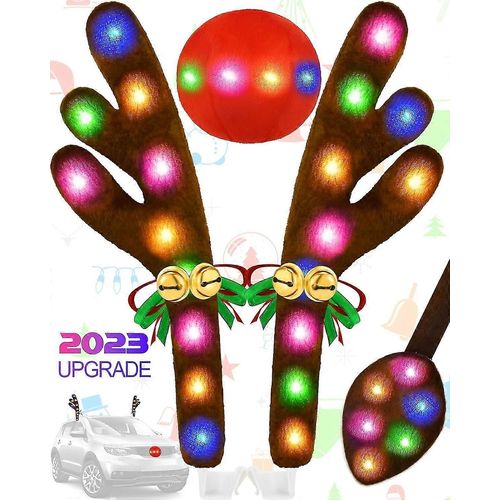 Kit de décoration de voiture de bois de renne de Noël ip44 étanche led multicolore, 50led lumières double face avec clochettes Rudolph, Auto Holiday Accesso