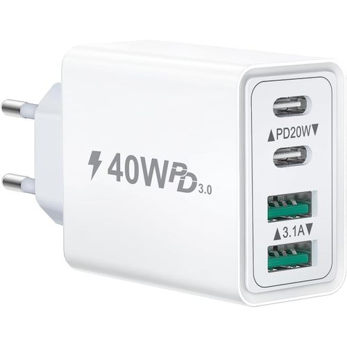 Chargeur Usb C, 40 W 4 Ports Pr Usb C Rapide, Double Port Pd+Qc Bloc Chargeur Usb C, Multiple Type C Adaptateur Secteur Pour Iphone 16 15 14 13 12 11 Pro Téléphone Samsung Tablette