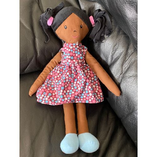 Poupée Chiffon Doudou Métisse Marron Bleu Robe Fleurs 40cm Zeeman