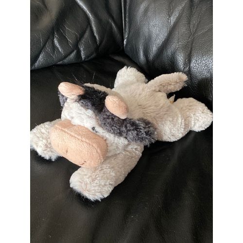 Doudou Peluche Vache Allongé Gris Echiné Museau Et Cornes Beige Animadoo 24cm 