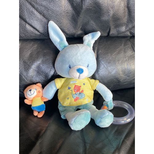 Doudou Peluche Pommette Jouet D'éveil Lapin Bleu Orange 27cm