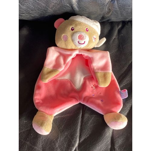 DOUDOU SUCRE D'ORGE OURS ROSE BONNET ETOILE LUMINESCENT 25CM
