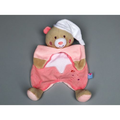 Doudou Ours Plat Beige Rose Blanc Étoile Sucre D'orge