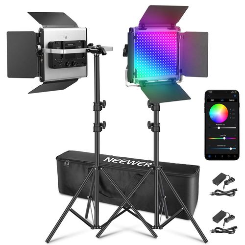 NEEWER 2X amélioré 660 PRO II 50W RVB LED panneau d'éclairage vidéo ensemble trépied avec contrôle par application lumière vidéo 360 ° lumière vidéo photo couleur/CRI97 +/3200K   5600K