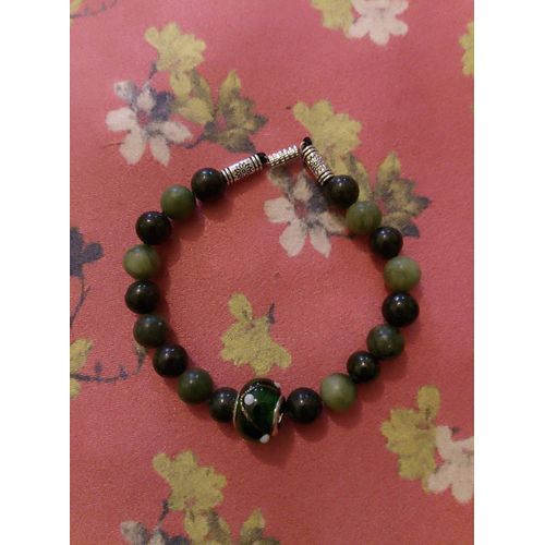 Bracelet En Jades Vêtes, Jaspes Noires, Argent Tibétain
