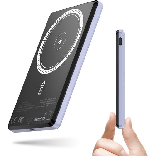 Batterie Externe Mag-Safe Power-Bank 5000mah 8mm Slim Portable Chargeur Sans Fil Powerbank Avec Rapide Cable Usb-C Pd 20w Compatible Avec Iphone 16/15/14/13/12 Mini/Pro/Pro (Cendre Violette)