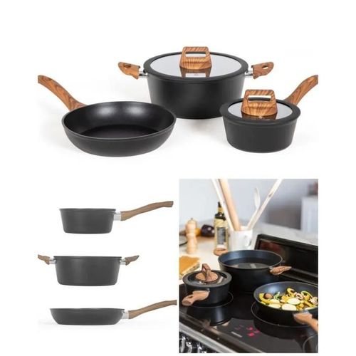 Batterie De Cuisine 5 Pièces 1 Casserole Avec Couvercle En Verre 16 X 7 Cm, 1 Poêle 24 X 5 Cm Et 1 Faitout Avec Couvercle 24 X 10 Cm