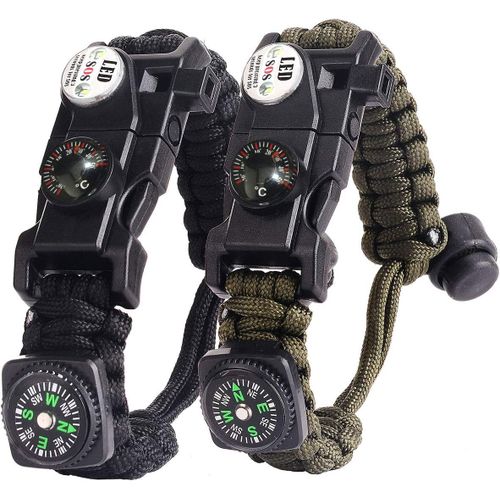 Bracelet Paracorde Survie Pour Homme Femme, Militaire Paracorde Bracelet Kit Avec Flint + Boussole + Thermomètre+ Sifflet + Lumière Led Pour Extérieur, Randonneur, Baroudeur, Explorateurs (Noir+Armée Verte)