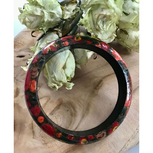 Bracelet Bois Vintage Motif Floral Peint Russie