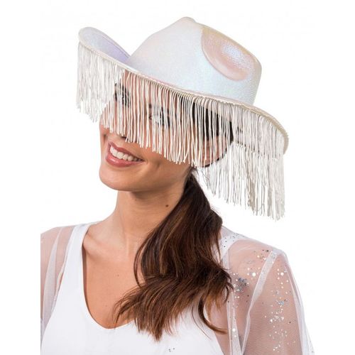 Chapeau De Cowboy Irisé Blanc Avec Franges Adulte