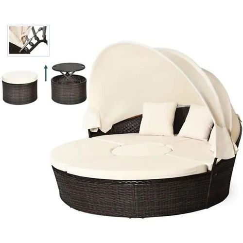 Costway Lit De Jardin Rond D'exterieur, Table Relevable, Modulable & Convertible - Pare Soleil Réglable Rotin Pe, Coussins Inclus