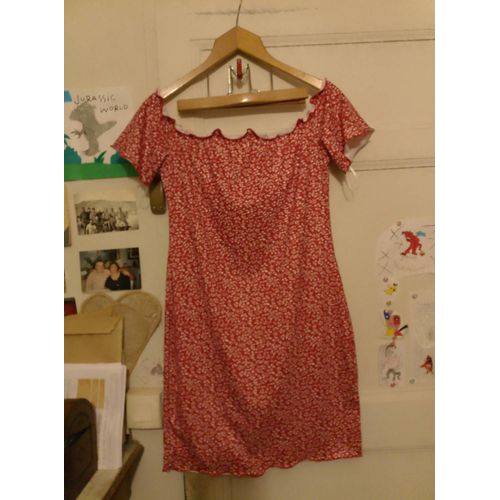 Robe Rouge Épaules Tombantes Rouge À Fleurs Blanches 42 Xl Shein.