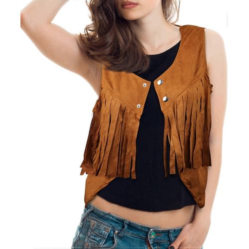 Gilet À Franges, Gilet De Cow-Girl Doux Sans Manches Vestes À Franges Courtes Pompon Marron