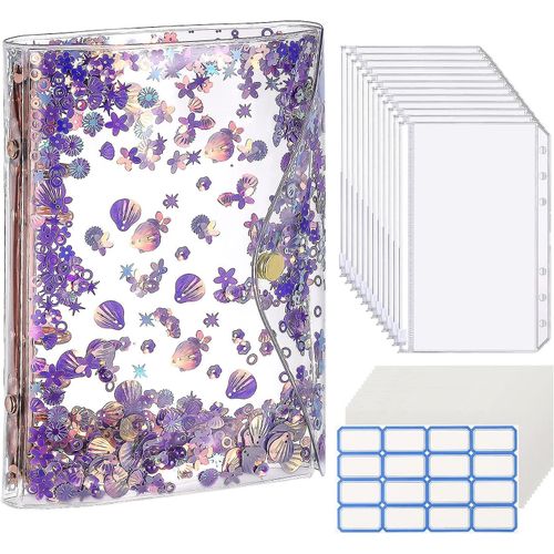 Classeur À Paillettes Violettes - Carnet Moko A6 Budget Avec 12 Poches Zip, Papiers Vierges Et Étiquettes Collantes