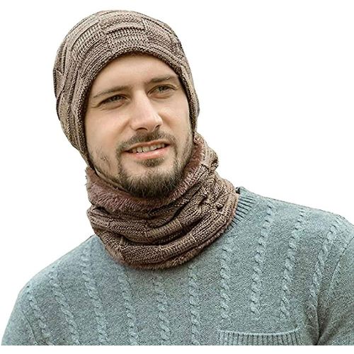 Hommes Bonnet Chapeau Foulard Set, Chaud Hiver Chapeau Épais Tricot Crâne Casquette Cou Chauffe-Cou