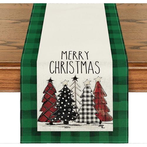 Watercolor Green And Black Buffalo Plaid Christmas Trees Merry Xmas Table Runner, Seasonal