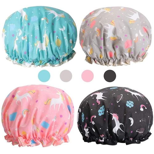 Bonnets De Douche 4 Pack, Double Couche Imperméable Licorne Bonnet De Douche Chapeau De Douche 