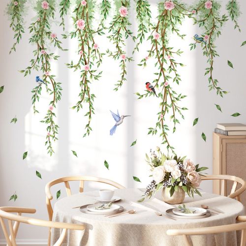 Stickers Muraux Verts Pendaison Vigne - L DAY - Décoration Murale Chambre Salon Bureau - Feuilles Plantes Oiseaux sur Branche