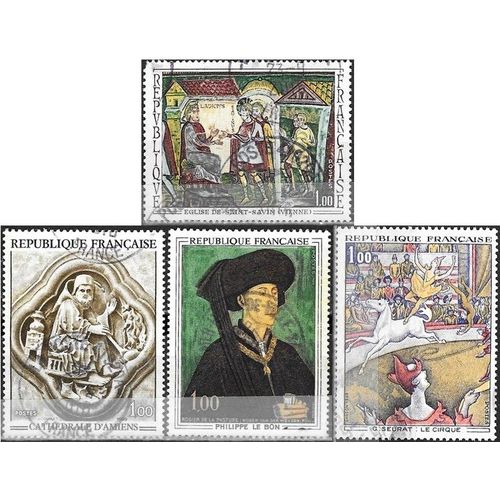 France 1969, Série Art, Beaux Timbres Yvert 1586 Bas-Relief  Cathédrale D'amiens, 1587 Portrait Philippe Le Bon, 1588 Fresque De L'abbaye De Saint Savin Et 1588a"Le Cirque" Par Seurant, Oblitérés, Tbe