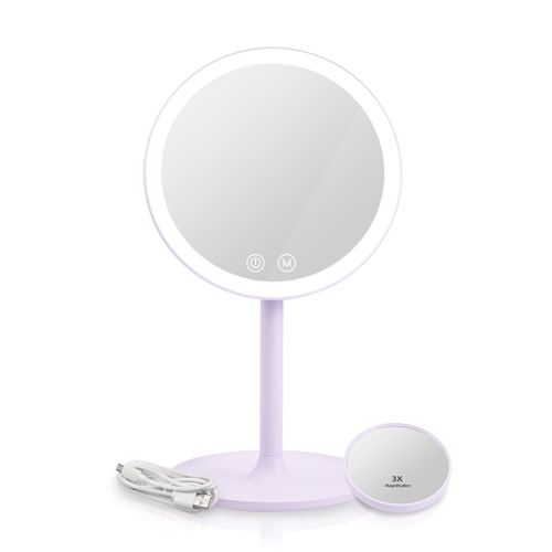 EMKE Miroir de maquillage avec ¿¿clairage, miroir cosm¿¿tique LED avec lumi¿¿re variable, miroir de maquillage pratique avec grossissement 1/3x, dimmable et interrupteur tactile, violet clair