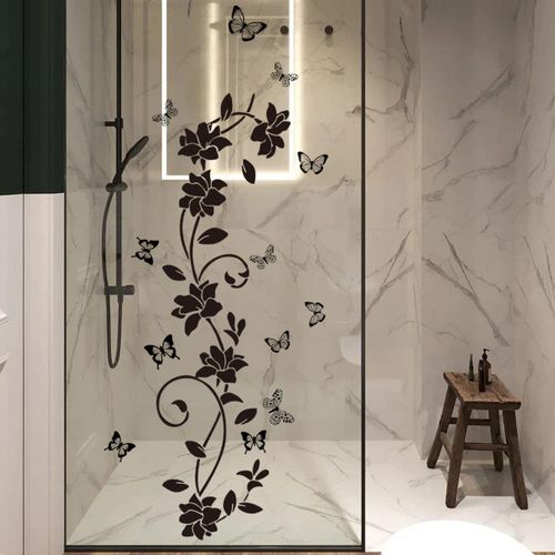 Noir Fleur Vigne Stickers Muraux - L DAY - Réfrigérateur en PVC Papillon Murales Amovible Art Décor pour Placard Maison Cuisine