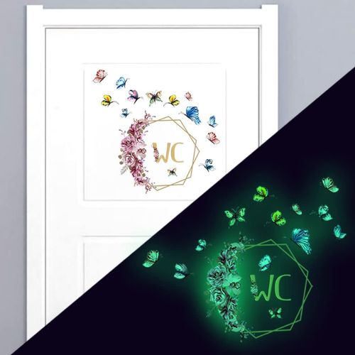 Autocollant WC porte toilette lumineux I autocollant toilette wc fluorescents brille dans le noir papillon vrille de fleur Signe de Toilette adhésif phosphorescent