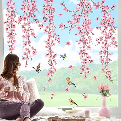 Autocollants Fenêtre Fleur de Cerisier Rose Anti-Collision Stickers Floral Branche Vigne Oiseaux Stickers Vitre Anti-Adhésifs Fenêtre Porte Chambre Décalques