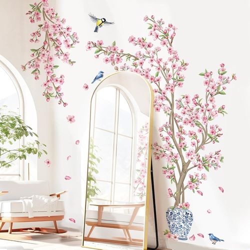 Stickers Muraux Arbre Fleurs de Cerisier Rose Grand Autocollant Mural Floral Branche Arbre Oiseaux Vase Décoration Murale Salon Chambre Mur TV