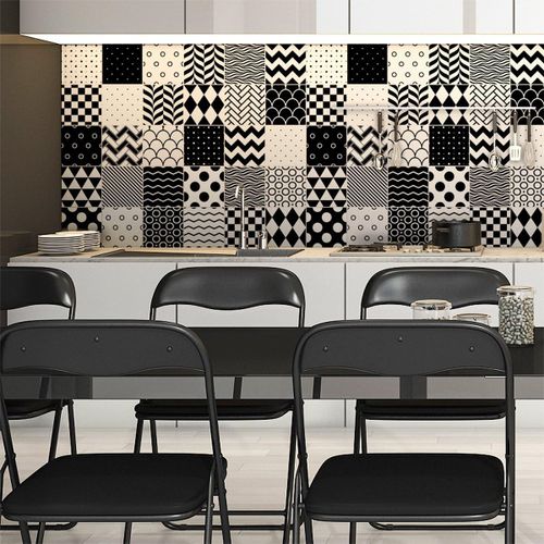 Sticker Autocollant Carreaux de ciment - Mosaïque carrelage mural salle de bain et cuisine | Carreaux de ciment adhésif mural - azulejos - 15 x 15 cm - 30 pièces
