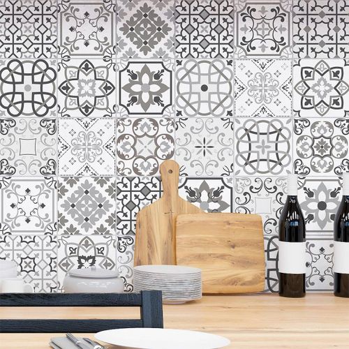 Sticker Autocollant Carreaux de ciment - Mosaïque carrelage mural salle de bain et cuisine | Carreaux de ciment adhésif mural - azulejos - 20 x 20 cm - 30 pièces