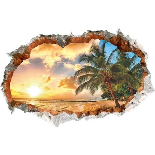 3D Stickers muraux PALMIER & PLAGE (60x90 cm) I porte autocollant sticker mural paysage mer océan tableau Caraïbes vue de fenêtre I pour salon chambre cuisine couloir adulte