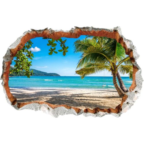 3D Stickers muraux VUE SUR LA MER (60x90 cm) I autocollant sticker mural Île plage océan palmier I Déco pour salon chambre cuisine couloir porte entrée adulte
