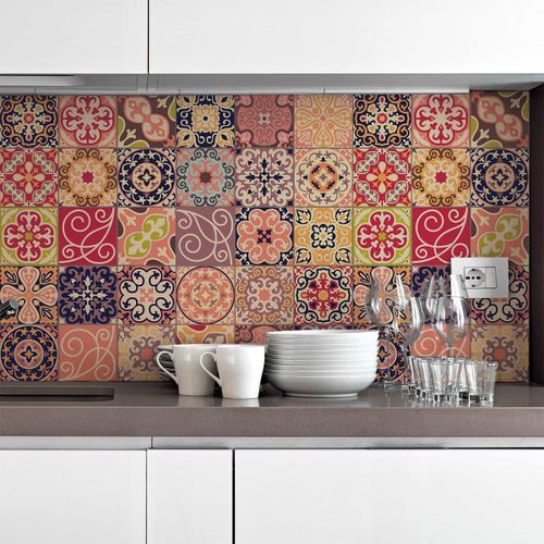 Sticker Autocollant Carreaux de ciment - Mosaïque carrelage mural salle de bain et cuisine | Carreaux de ciment adhésif mural - azulejos - 15 x 15 cm - 30 pièces