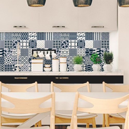 Sticker Autocollant Carreaux de ciment - Mosaïque carrelage mural salle de bain et cuisine | Carreaux de ciment adhésif mural - azulejos - 15 x 15 cm - 30 pièces