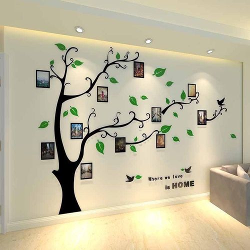 Stickers Muraux Feuilles de Arbre, Cadre de Photo 3D DIY Grand Autocollant Mural Arts Décoration de la Maison pour Chambre, Salon Cadeau Bureau, Fond de Canapé (Vert Gauche, S)