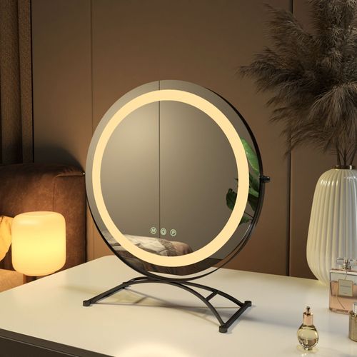 EMKE Miroir Hollywood, lumière variable, diamètre 40 cm, miroir de maquillage avec éclairage, miroir de coiffeuse Smart Touch avec lumière, rotatif à 360°, dimmable et avec fonction mémoire, noir