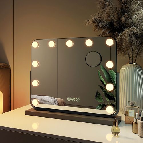 EMKE Miroir Hollywood avec éclairage, lumière variable, dimmable, miroir de maquillage avec éclairage, miroir de coiffeuse avec tactile, rotatif, fonction de mémoire, 50 x 43 cm, noir