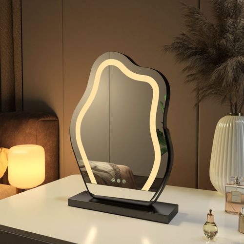 EMKE Miroir Hollywood avec éclairage, lumière variable, dimmable, miroir de maquillage avec éclairage, miroir de coiffeuse avec tactile, rotatif, miroir asymétrique 44 x 30 cm, noir