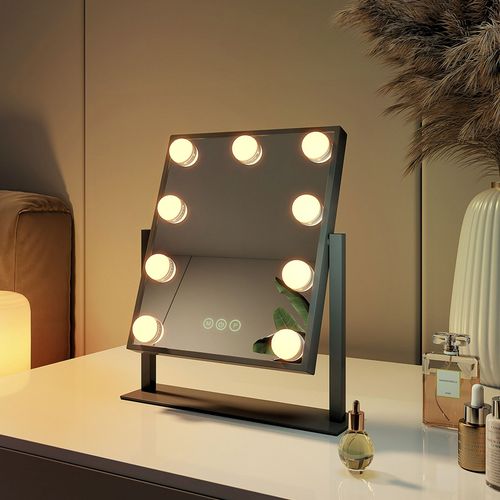 EMKE Miroir de maquillage Hollywood avec éclairage, 36x30.5 cm, lumière variable, dimmable, miroir 7X avec éclairage, miroir de maquillage rotatif à 360°, 9 lampes LED, 12 lumières LED, miroir de coiffeuse noir