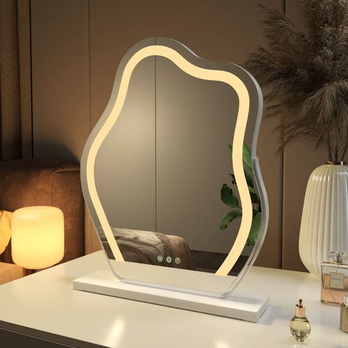 EMKE Miroir Hollywood avec éclairage, lumière variable, dimmable miroir de maquillage avec éclairage, miroir de coiffeuse avec tactile, rotatif, miroir asymétrique 58 x 45 cm, blanc