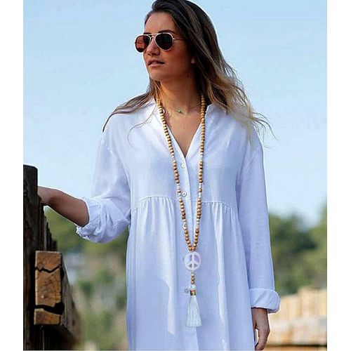 Long Collier Sautoir Boho Bohème Hippie Chic Perles Bois Et Pompon Houppette Blanc - Peace And Love Retro Vintage Sixties
