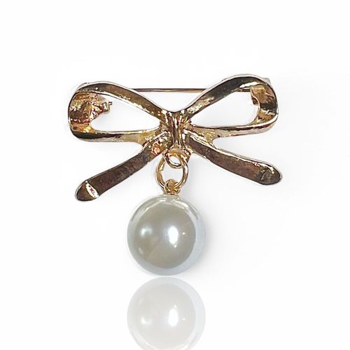 Broche Noeud Doré Et Perle Blanche