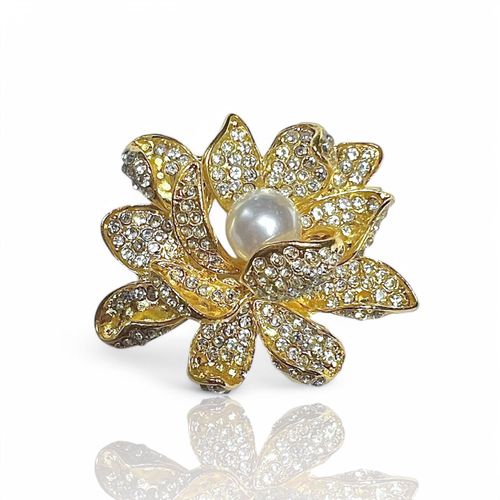 Broche Dorée Fleur De Lotus À Strass Et Perle Blanche
