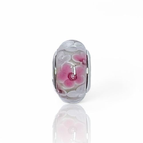 Charm Perle De Verre Façon Murano Argent S925 Motifs Floraux Blancs Et Roses