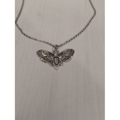 Collier Métal Argenté,Pendentif Papillon Sphinx A Tête De Mort,Taille 51cm