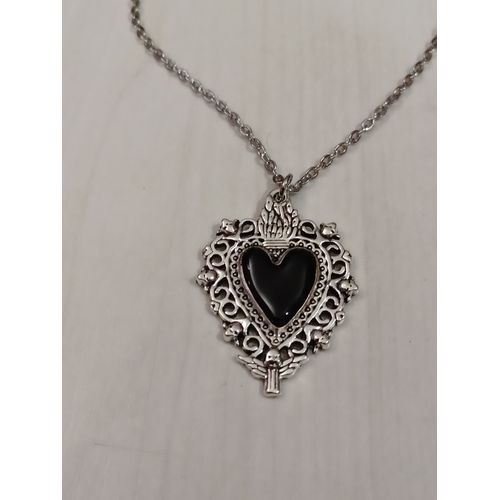 Collier Métal Argenté,Pendentif Coeur Noir,Taille 51cm